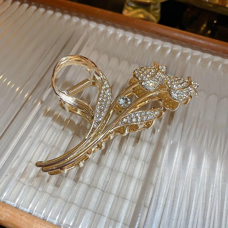 Melnas lapas Metāla Rhinestone matu spīle ģeometriska matu sprādze Eleganta sieviešu matu satvērēja sprādze Modes galvassegas dāvanām matu aksesuāri