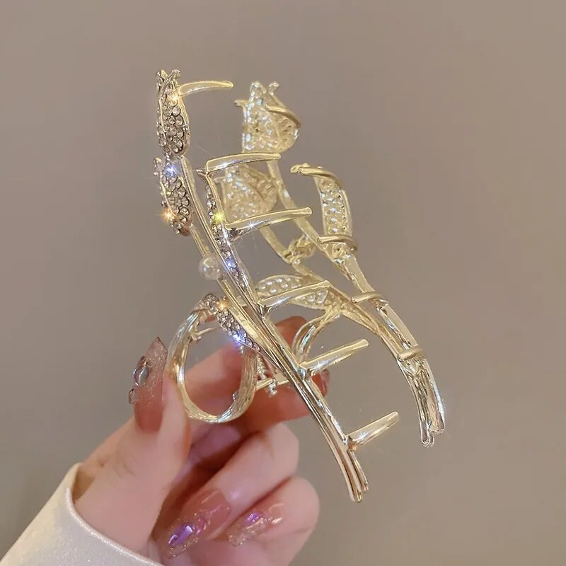 Melnas lapas Metāla Rhinestone matu spīle ģeometriska matu sprādze Eleganta sieviešu matu satvērēja sprādze Modes galvassegas dāvanām matu aksesuāri