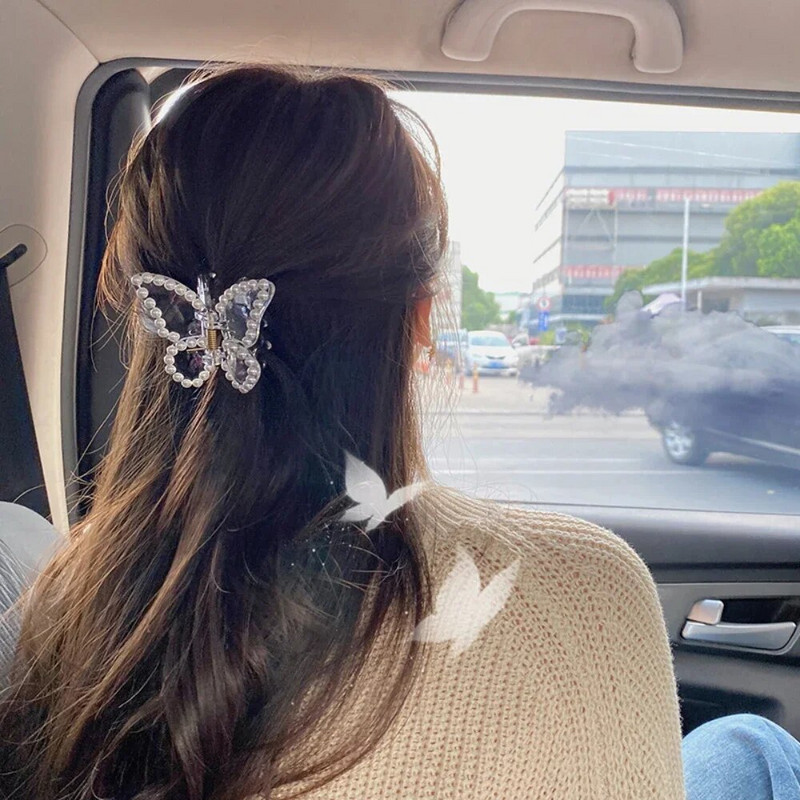 Modernas caurspīdīgas pērļu tauriņu skavas krabju matu spīles sievietēm, meitenēm akrila matu sprādzes matu sprādzes, matu aksesuāri