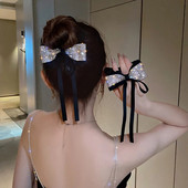Νέα Bling Crystal Rhinestone Bow Scrunchies Hair Ties for Women Κοριτσίστικες κορδέλες μαλλιών Streamers Αξεσουάρ για τα μαλλιά με βάση αλογοουράς