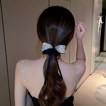 Нов Bling Crystal Rhinestone Bow Scrunchies Вратите за коса за жени Момиче ленти за коса Streamers Държач за конска опашка Аксесоари за коса