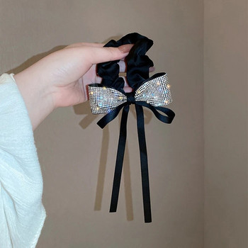 Нов Bling Crystal Rhinestone Bow Scrunchies Вратите за коса за жени Момиче ленти за коса Streamers Държач за конска опашка Аксесоари за коса