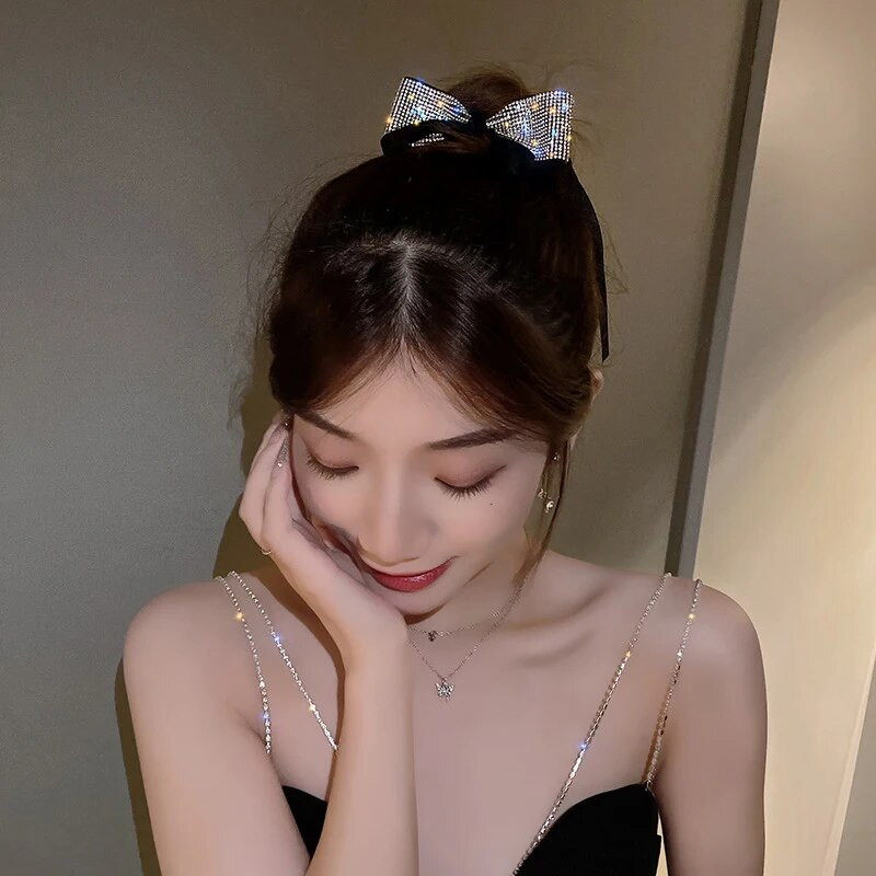 Jaunas Bling Crystal Rhinestone Bow Scrunchies Matu saites Sievietēm Meiteņu Matu Lentes Streamers Zirgastes Turētājs Matu Aksesuāri