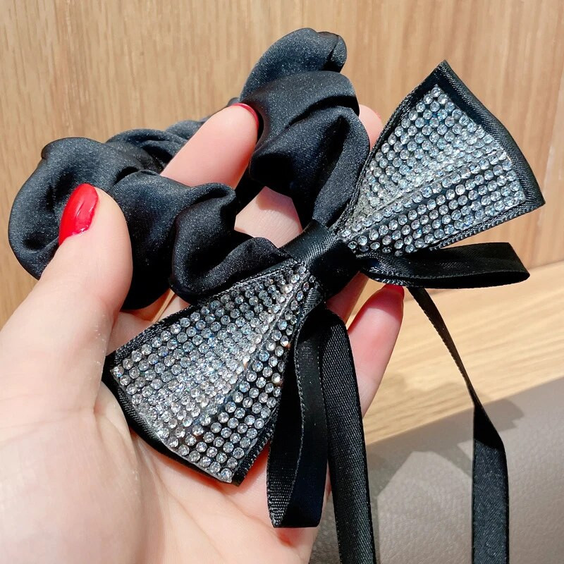Jaunas Bling Crystal Rhinestone Bow Scrunchies Matu saites Sievietēm Meiteņu Matu Lentes Streamers Zirgastes Turētājs Matu Aksesuāri