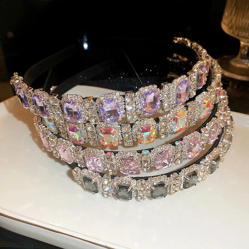 FYUAN korejiešu stila ģeometriskas rhinestone matu lentes sievietēm kvadrātveida violets rozā kristāla galvassegas kāzu matu aksesuāri rotaslietas