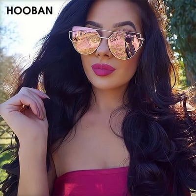 HOOBAN klasiskās kaķu acu saulesbrilles sievietēm modernas metāla lielas kaķu acu saulesbrilles sievietēm retro spoguļu toņos Oculos UV400