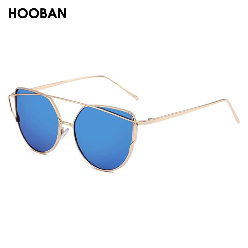 HOOBAN Класически слънчеви очила с котешко око Дамски модни метални големи слънчеви очила Cateye за дами Ретро огледални сенки Oculos UV400