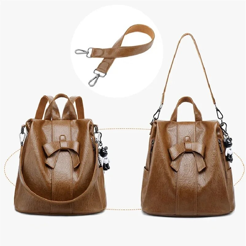 Модна раница против кражба за жени Висококачествена дамска раница от PU кожа Нова корейска многофункционална раница с лък Пътна чанта