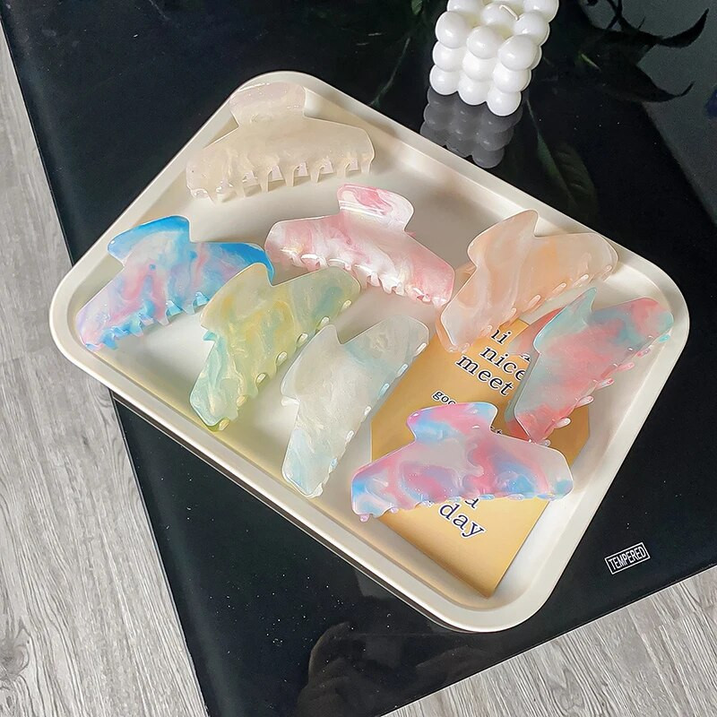 2022 Лято Корейски цветен мраморен акрил 11CM Голяма щипка за коса Нокът за коса за жени Сладко момиче Buttercream Щипка за акула на едро