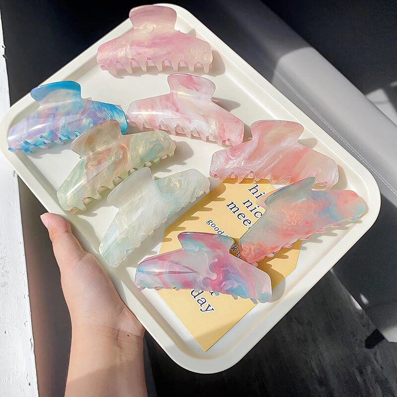 2022 Лято Корейски цветен мраморен акрил 11CM Голяма щипка за коса Нокът за коса за жени Сладко момиче Buttercream Щипка за акула на едро