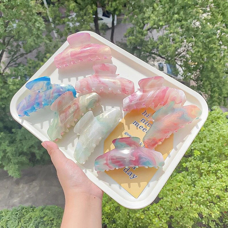2022 Лято Корейски цветен мраморен акрил 11CM Голяма щипка за коса Нокът за коса за жени Сладко момиче Buttercream Щипка за акула на едро