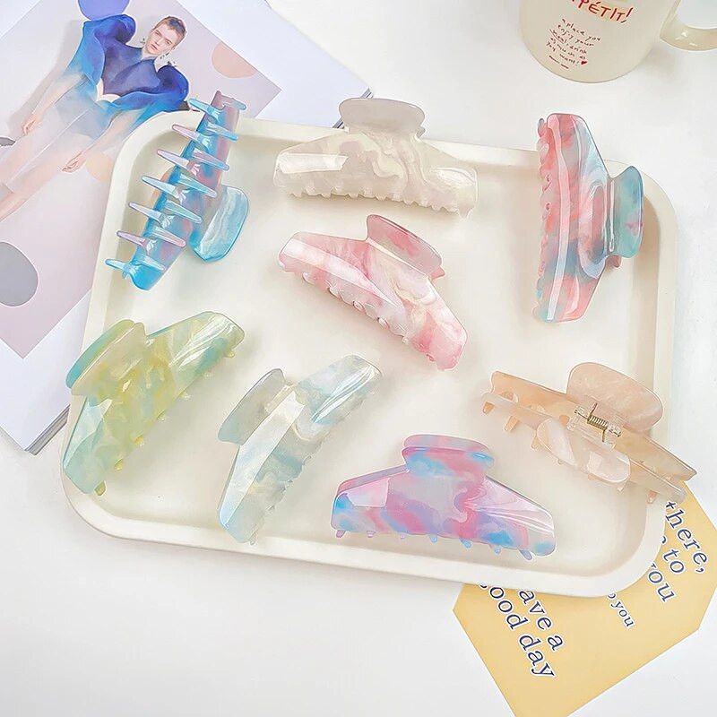 2022 Лято Корейски цветен мраморен акрил 11CM Голяма щипка за коса Нокът за коса за жени Сладко момиче Buttercream Щипка за акула на едро