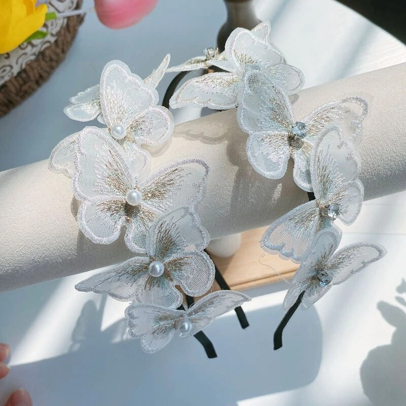 Fairy Embroidery Butterfly Crystal Pearl Peapaelad Naistele Tüdrukutele Lilled Juuste Aksessuaarid Värvilised juuksepaelad, peaümbrisega juuksepael