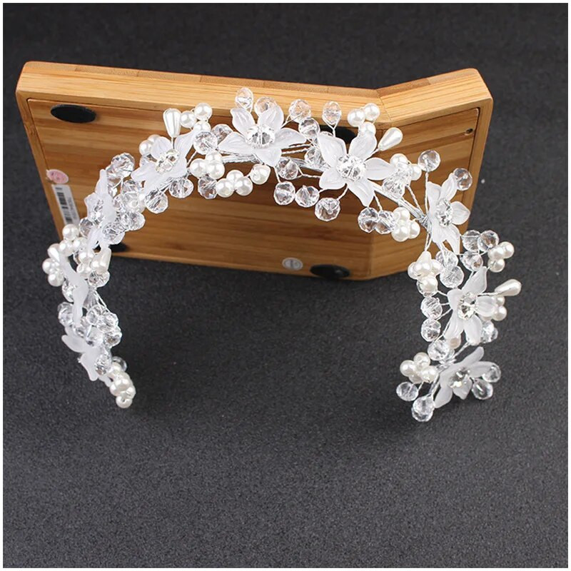 Кристална перлена лента за коса Булчински цветен венец Корона Сватбена рокля Шапки Детски венец Аксесоари за глава