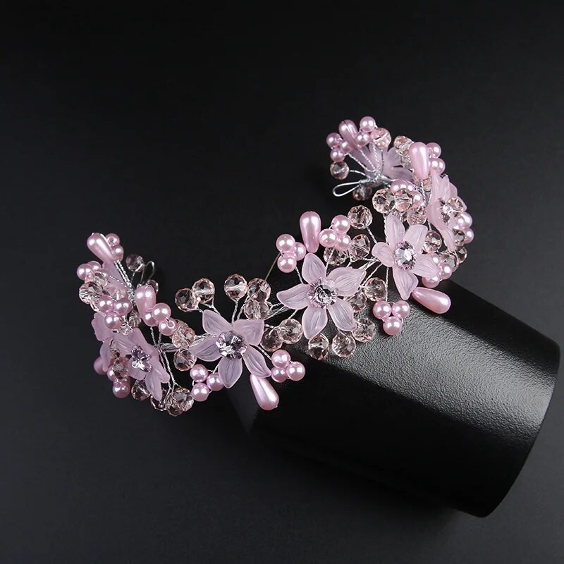 Кристална перлена лента за коса Булчински цветен венец Корона Сватбена рокля Шапки Детски венец Аксесоари за глава