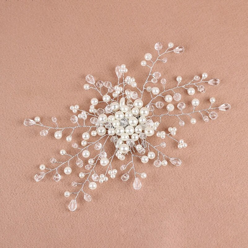 Булчински елегантни сватбени гребени за коса, щипка за коса с перлено цвете, мъниста от кристални кристали, лента за коса на булката Класически аксесоар за коса
