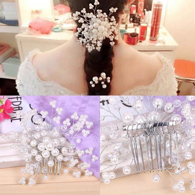 Булчински елегантни сватбени гребени за коса, щипка за коса с перлено цвете, мъниста от кристални кристали, лента за коса на булката Класически аксесоар за коса