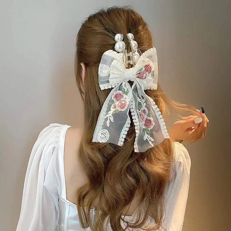 Modne žene Djevojke Čipkasta mašna Biserna mašna za kosu Vintage slatki dodaci za kosu Kopča za kosu Ukosnice Vrpca mašna Ukosnice Pokrivala za glavu