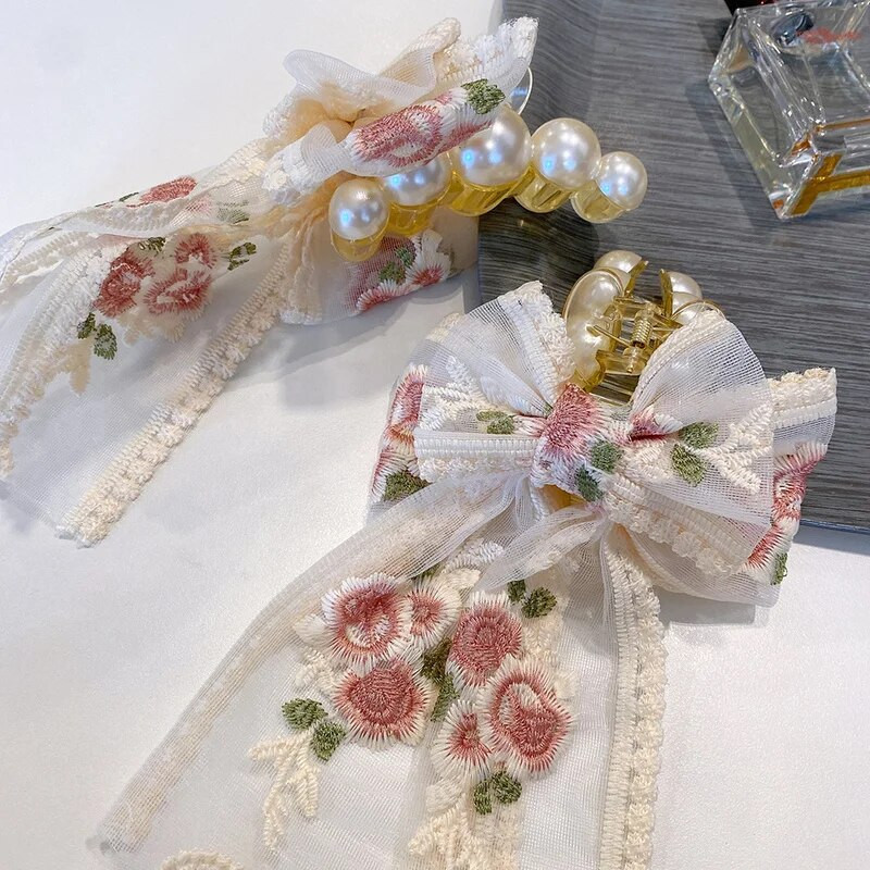 Modne žene Djevojke Čipkasta mašna Biserna mašna za kosu Vintage slatki dodaci za kosu Kopča za kosu Ukosnice Vrpca mašna Ukosnice Pokrivala za glavu