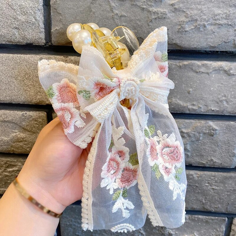 Modne žene Djevojke Čipkasta mašna Biserna mašna za kosu Vintage slatki dodaci za kosu Kopča za kosu Ukosnice Vrpca mašna Ukosnice Pokrivala za glavu