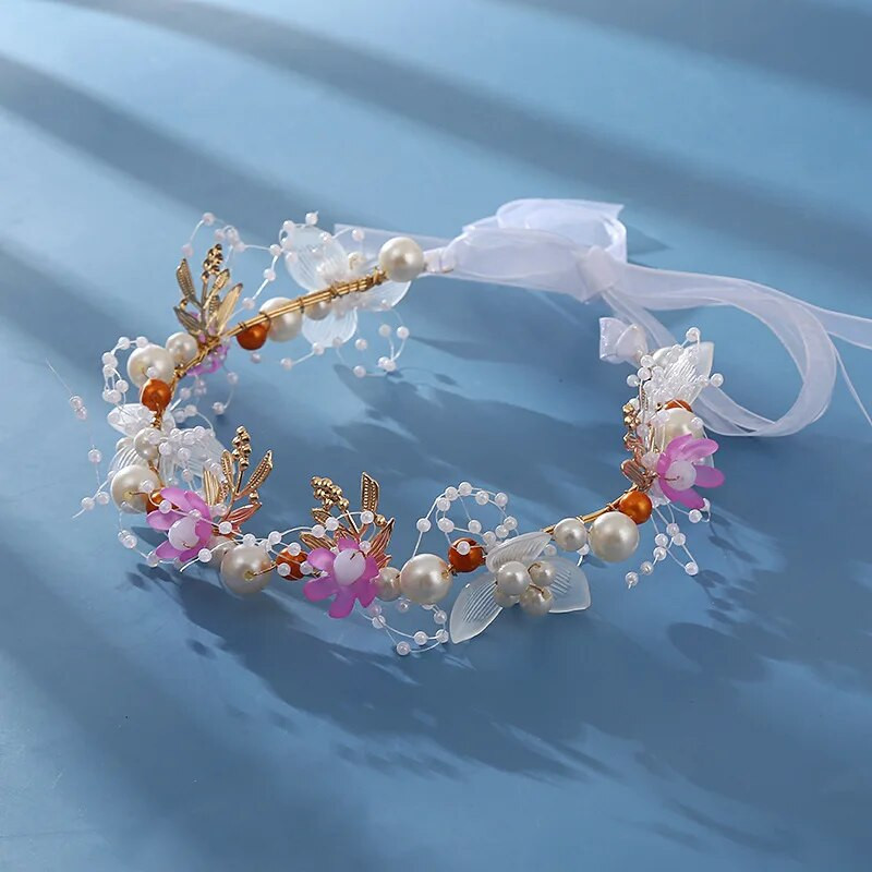 Супер фея Цвете Перла Дамска лента за глава Венец Сватбена булчинска шапка Аксесоари за коса Диадеми
