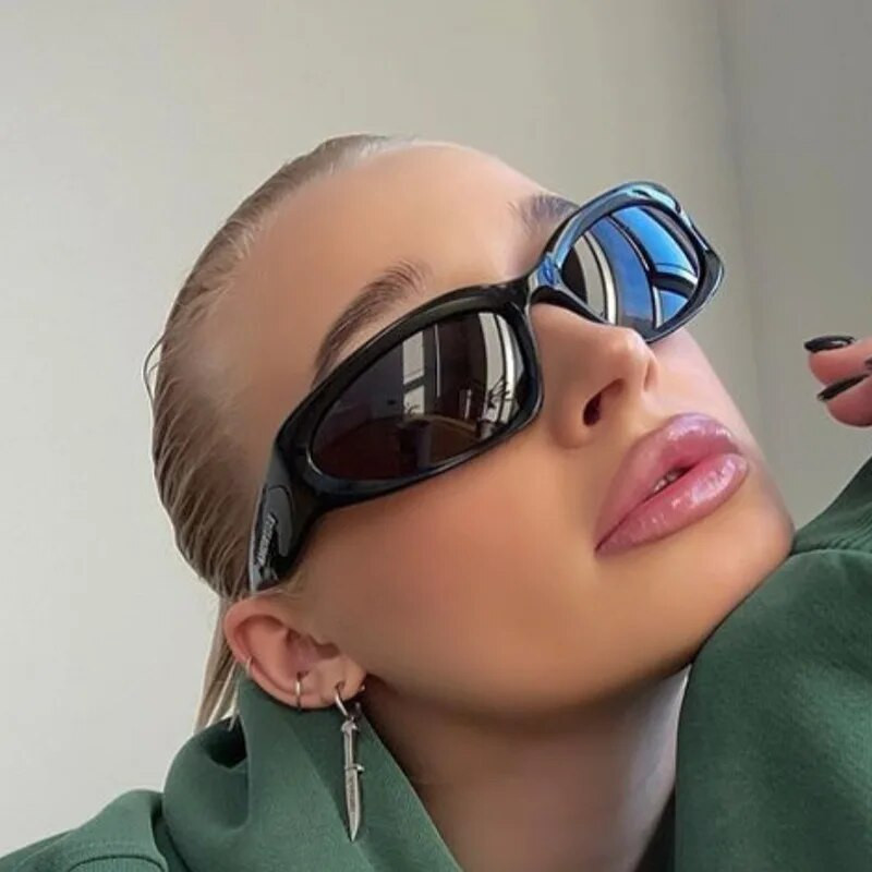 Модни слънчеви очила Wrap Around Cyber Y2K Дамски сребърни овални нюанси Спортни колоездене Слънчеви очила Естетични очила за мъже на открито