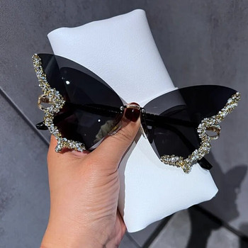 Луксозни слънчеви очила Diamond Butterfly Дамска марка Y2K Vintage Големи слънчеви очила без рамки Дамски очила