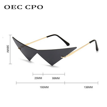 OEC CPO Извънгабаритни слънчеви очила с котешко око без рамки Дамски модни слънчеви очила с едно парче лещи Женски трендови триъгълни очила Мъжки UV400
