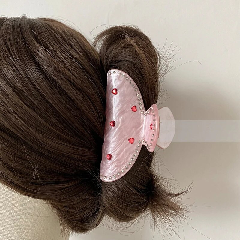 Muweordy Heavy Industry Diamond Heart Pink Hair Claw Trendy Korea Ins Sweet Girl LOVE Crab Hair Clip Valentine Hair Accessories