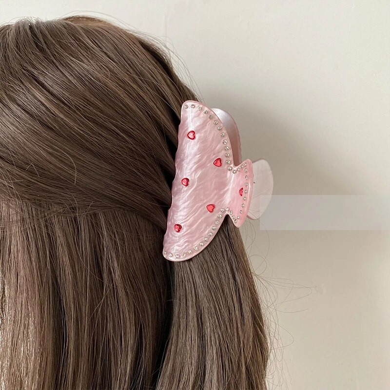 Muweordy Heavy Industry Diamond Heart Pink Hair Claw Trendy Korea Ins Sweet Girl LOVE Crab Hair Clip Valentine Hair Accessories