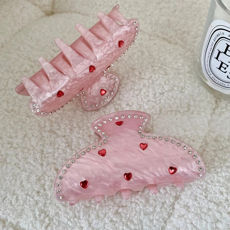 Muweordy Heavy Industry Diamond Heart Pink Hair Claw Trendy Korea Ins Sweet Girl LOVE Crab Hair Clip Valentine Hair Accessories