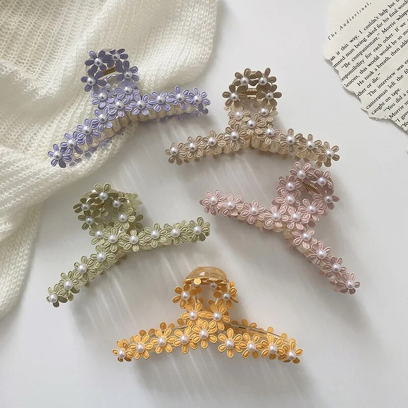 Gheare de păr cu perle șic pentru femei, fete, agrafe de păr, elegante, cu cruce de flori, agrafe de temperament, bijuterii pentru cap de crab, 1 buc.