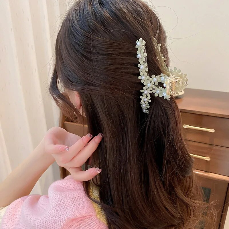 Gheare de păr cu perle șic pentru femei, fete, agrafe de păr, elegante, cu cruce de flori, agrafe de temperament, bijuterii pentru cap de crab, 1 buc.