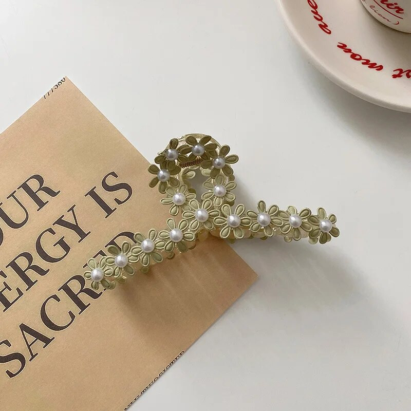 Gheare de păr cu perle șic pentru femei, fete, agrafe de păr, elegante, cu cruce de flori, agrafe de temperament, bijuterii pentru cap de crab, 1 buc.