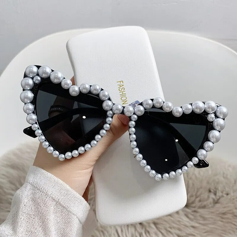 Nou în Ochelari de soare de lux, strălucitori, cu perle de dragoste Ochelari de soare pentru femei Ochelari de soare cu inimă Ochelari de soare casual Bling Lentes De Sol Mujer