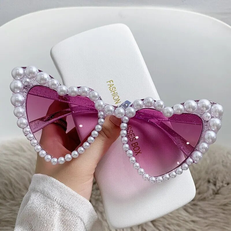Nou în Ochelari de soare de lux, strălucitori, cu perle de dragoste Ochelari de soare pentru femei Ochelari de soare cu inimă Ochelari de soare casual Bling Lentes De Sol Mujer