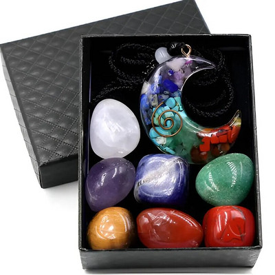 7 čakru dziedinošo kristālu komplekts Orgone Energy kulonu kaklarota + čakru kristāla akmeņu komplekts