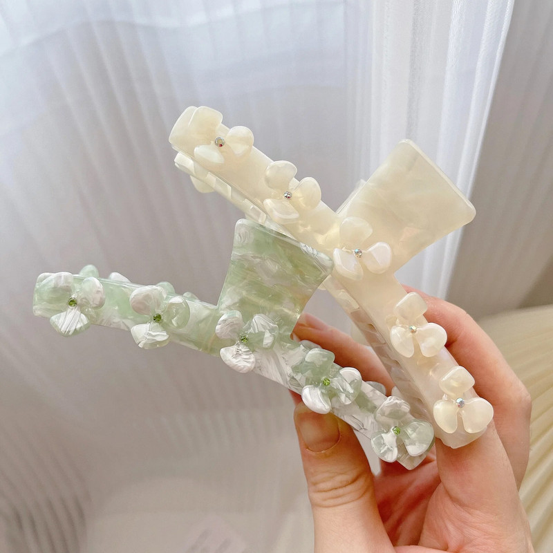 Ins Hot Selling Εξατομικευμένο λουλούδι ένθετο στρας Hair Claw Fashion Γλυκό μάρμαρο Αξεσουάρ μαλλιών με κλιπ καρχαρία με οξικό οξύ