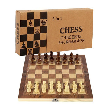 Дъска за шах 3 в 1, сгъваема дървена преносима дъска за игра на шах, дървена дъска за шах за възрастни (шах + дама и табла)