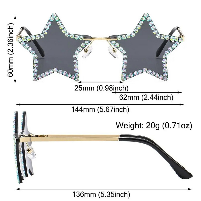 Moodsad Retro Pentagram Y2K päikeseprillid naistele Bling Rhinestone Tähekujulised päikeseprillid Varjud Tantsu/peo/Halloweeni prillid