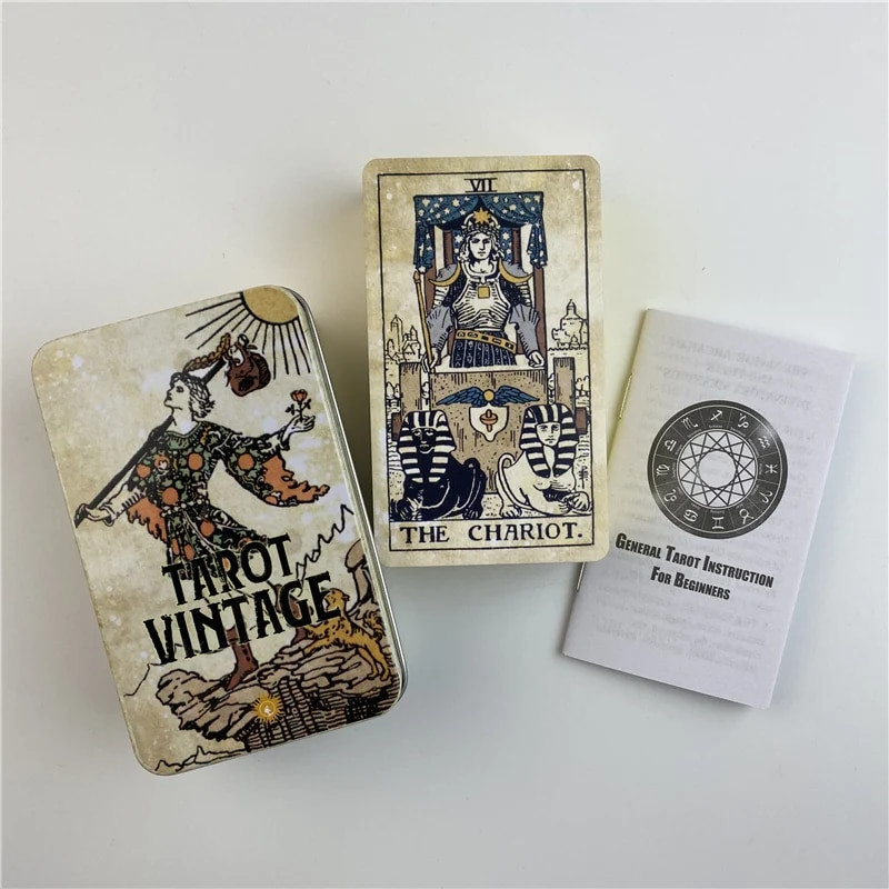 Cutie de metal Aurit Tarot Cărți de epocă Deck Divinație Cu Ghid de hârtie Versiune în engleză Jocuri de societate clasice