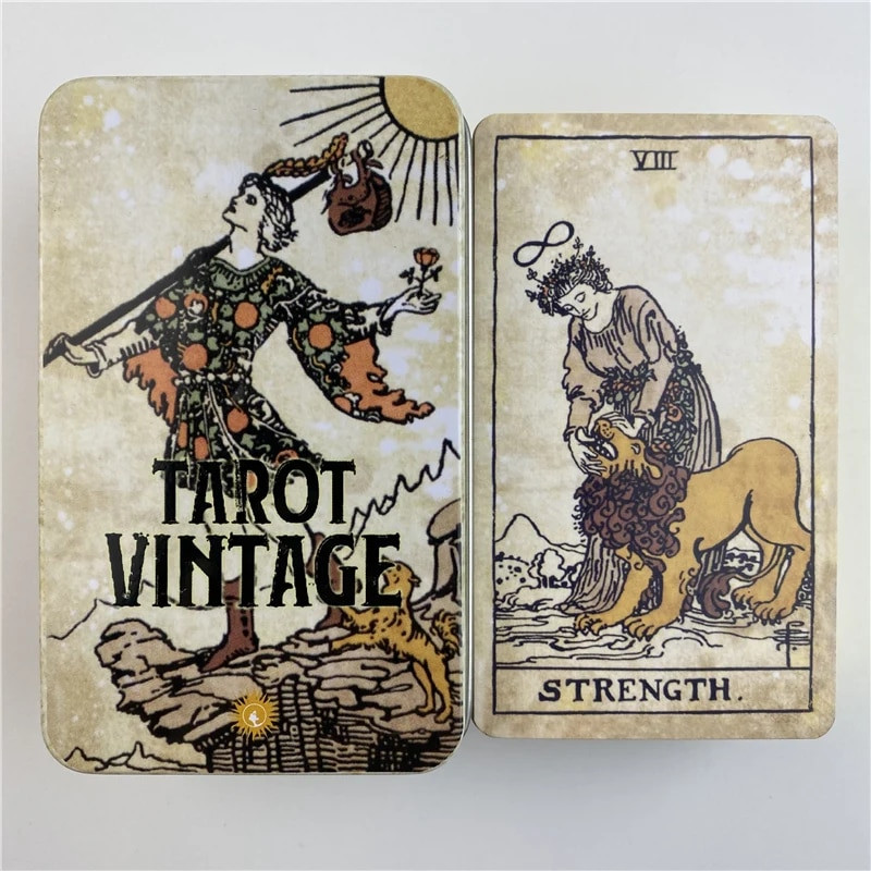 Cutie de metal Aurit Tarot Cărți de epocă Deck Divinație Cu Ghid de hârtie Versiune în engleză Jocuri de societate clasice