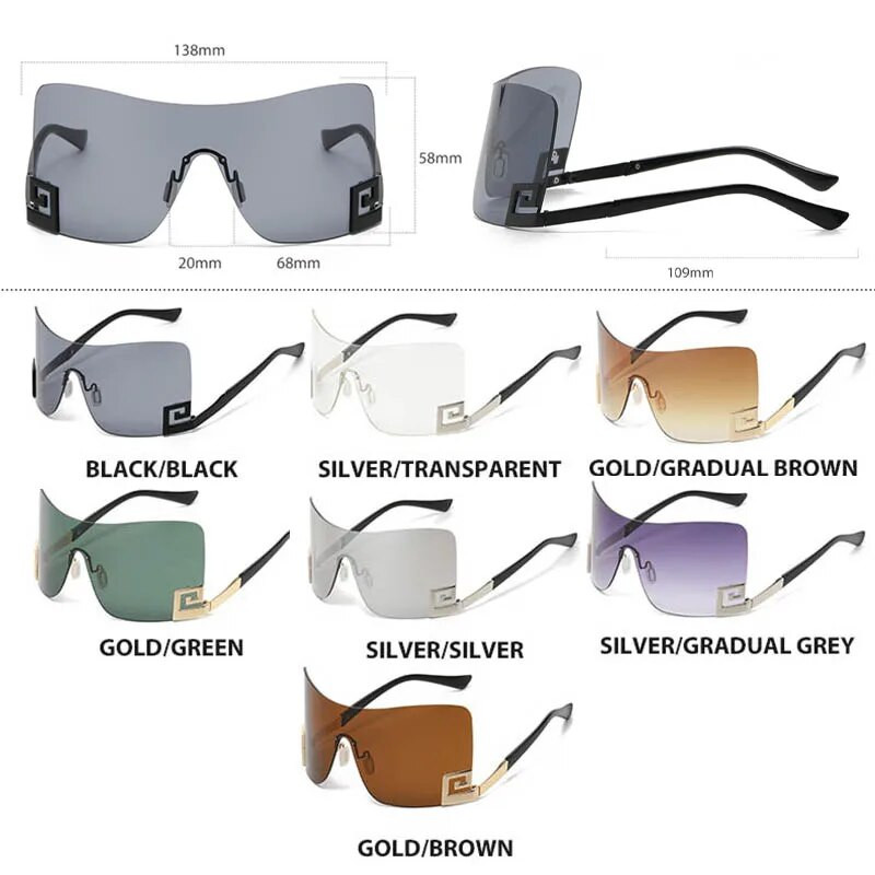 One Piece Shield Rimless Wrap γύρω από γυαλιά ηλίου Γυναικεία Vintage μόδας Υπερμεγέθη Ανδρικά γυαλιά ηλίου Trend Αποχρώσεις σχεδιασμού πολυτελείας επωνυμίας