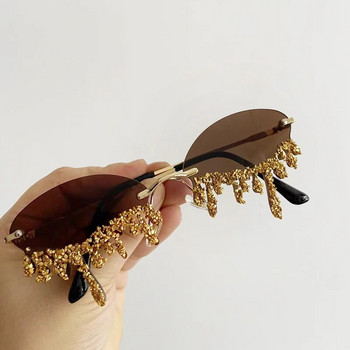 Малки овални слънчеви очила с форма на сълза без рамки и кристали с камък Маркови дизайнерски пънк диамантени слънчеви очила Gafas De Sol
