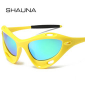 SHAUNA Модни дамски слънчеви очила Cat Eye Hollow Retro Y2K Mirror Coating Eyewear Shades UV400 Men Punk Sport Driving Sun Glasses