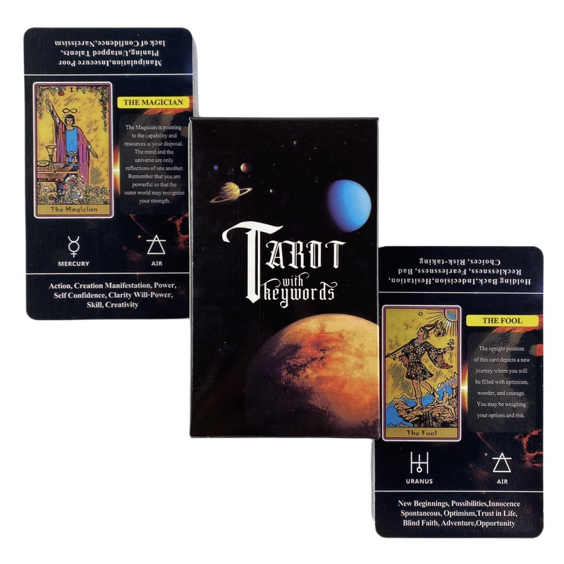 Tarot ar atslēgvārdu kārtīm iesācējiem un to nozīmes izpratni 78 klāju Oracle angļu valodas zīlēšanas izdevums Borad