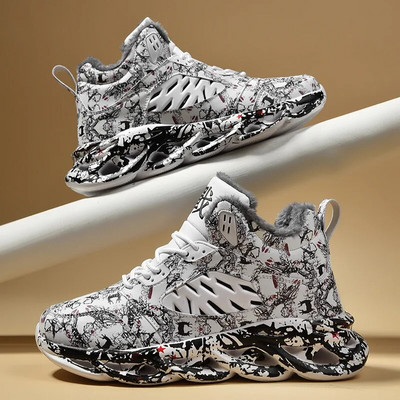 Pantofi de iarnă din bumbac cu graffiti înalți 2024, pantofi sport caldi, din catifea, pentru bărbați, la modă, pantofi ușori, comozi