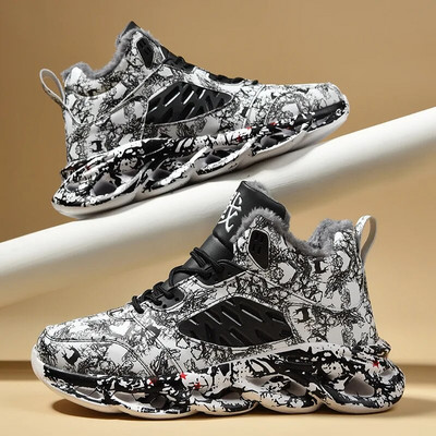 Pantofi de iarnă din bumbac cu graffiti înalți 2024, pantofi sport caldi, din catifea, pentru bărbați, la modă, pantofi ușori, comozi