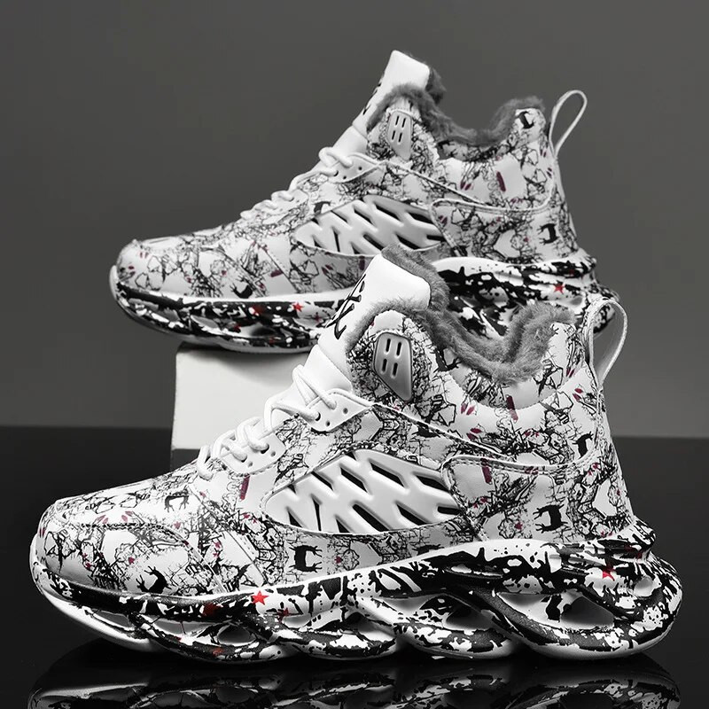 Pantofi de iarnă din bumbac cu graffiti înalți 2024, pantofi sport caldi, din catifea, pentru bărbați, la modă, pantofi ușori, comozi