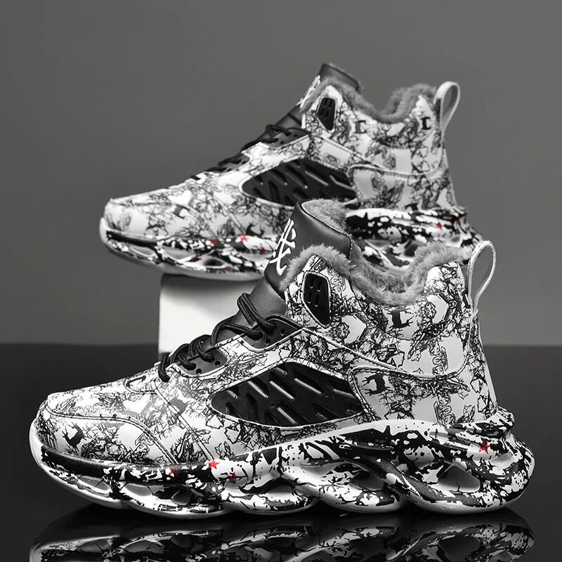 Pantofi de iarnă din bumbac cu graffiti înalți 2024, pantofi sport caldi, din catifea, pentru bărbați, la modă, pantofi ușori, comozi